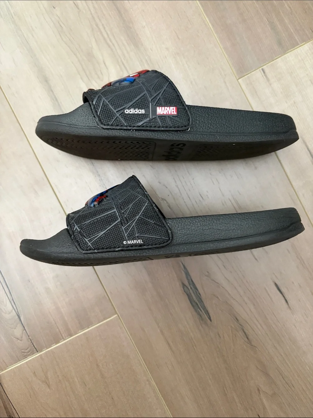 adidas Kids Black Slides with Red & Blue Spider-Man Graphic
